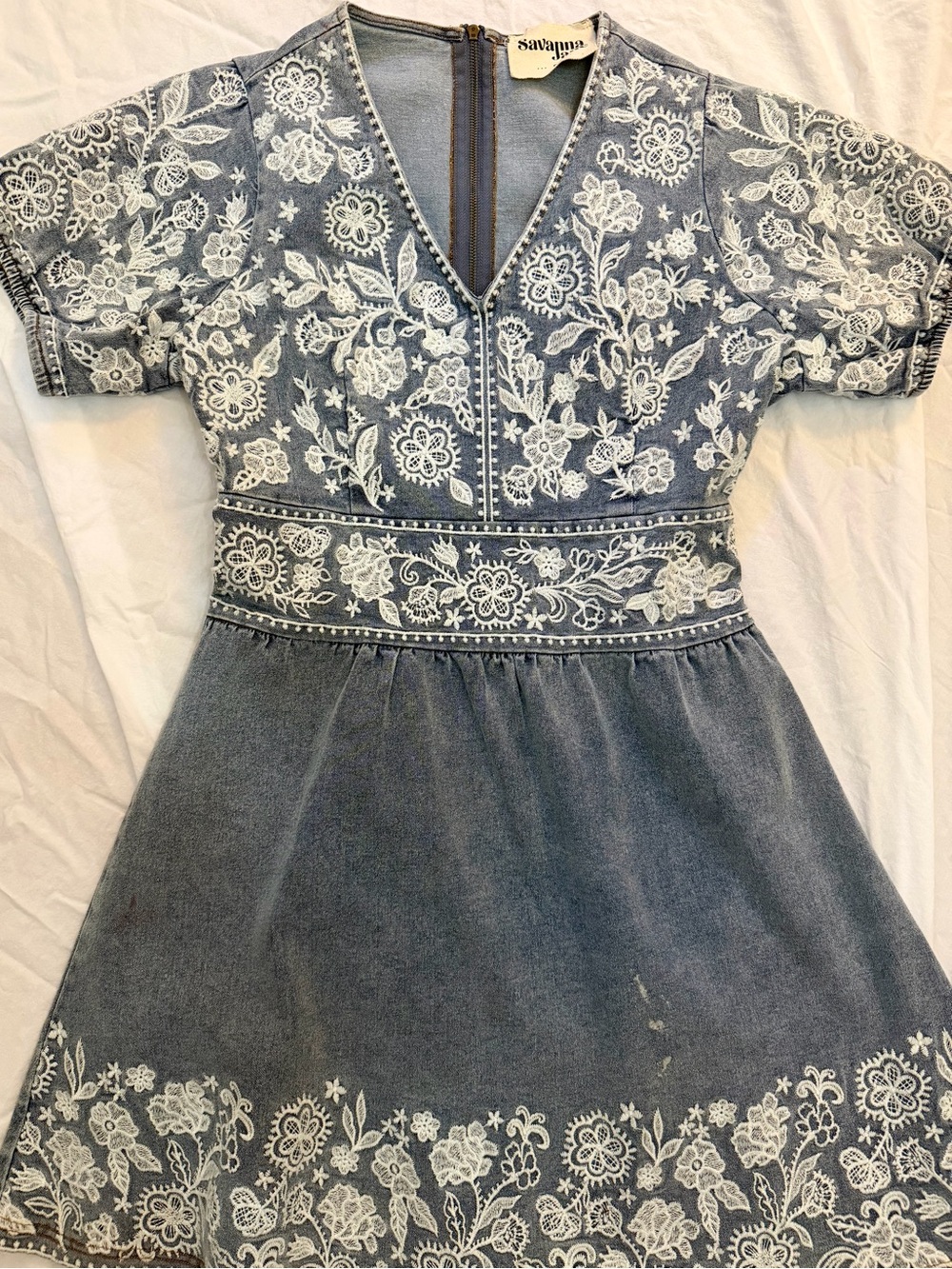 Savanna Jane Light Blue Denim-Style Dress with White Floral Embroidery